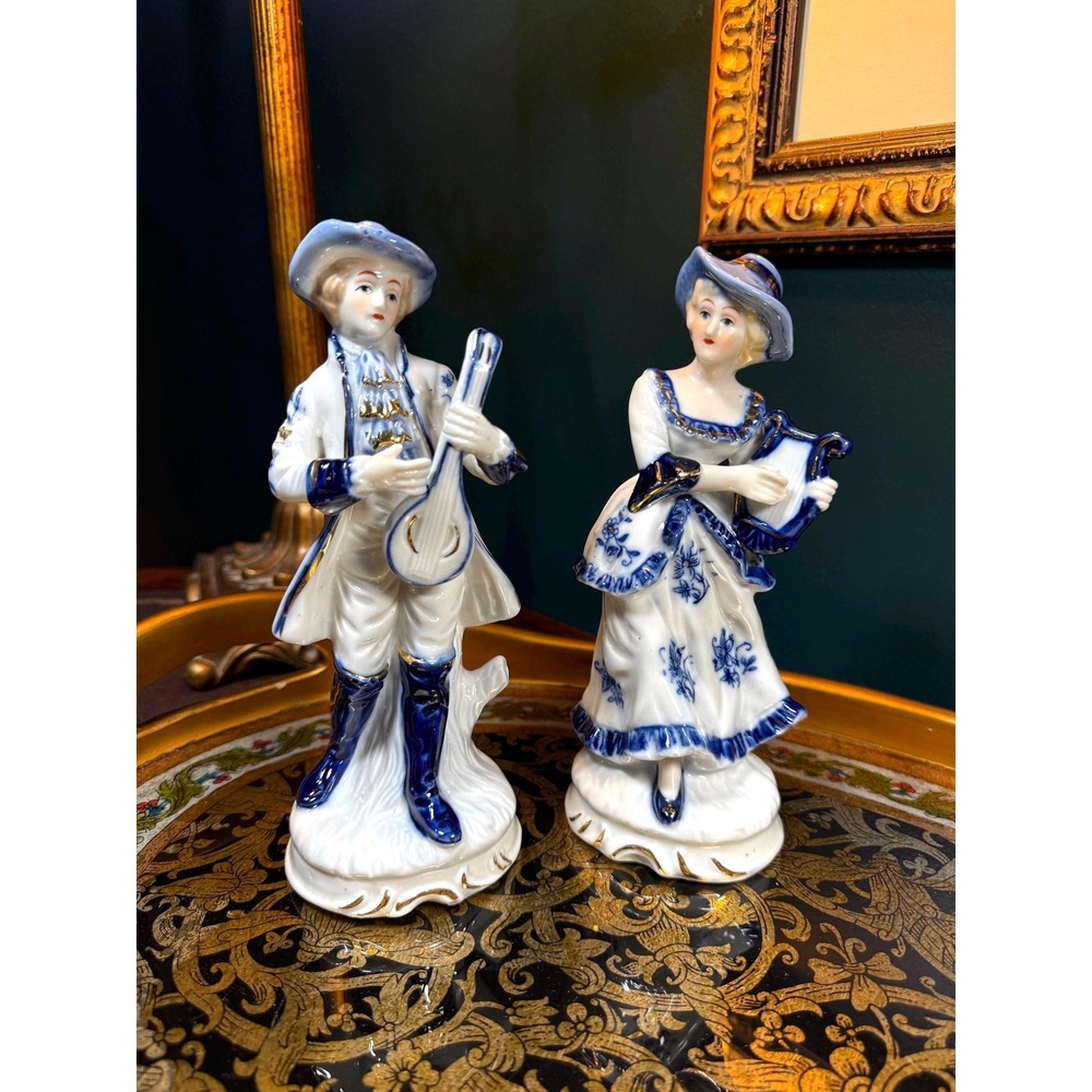 Vintage Blue and White Porcelain Musician Figurines with Gold Trim, 8"‎ Pair
